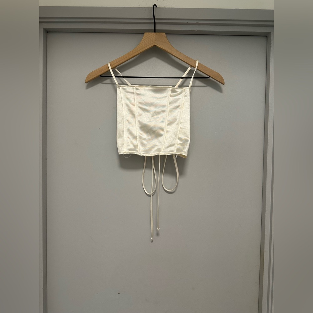 H&M Ivory Satin Corset Crop Top with Tie Straps